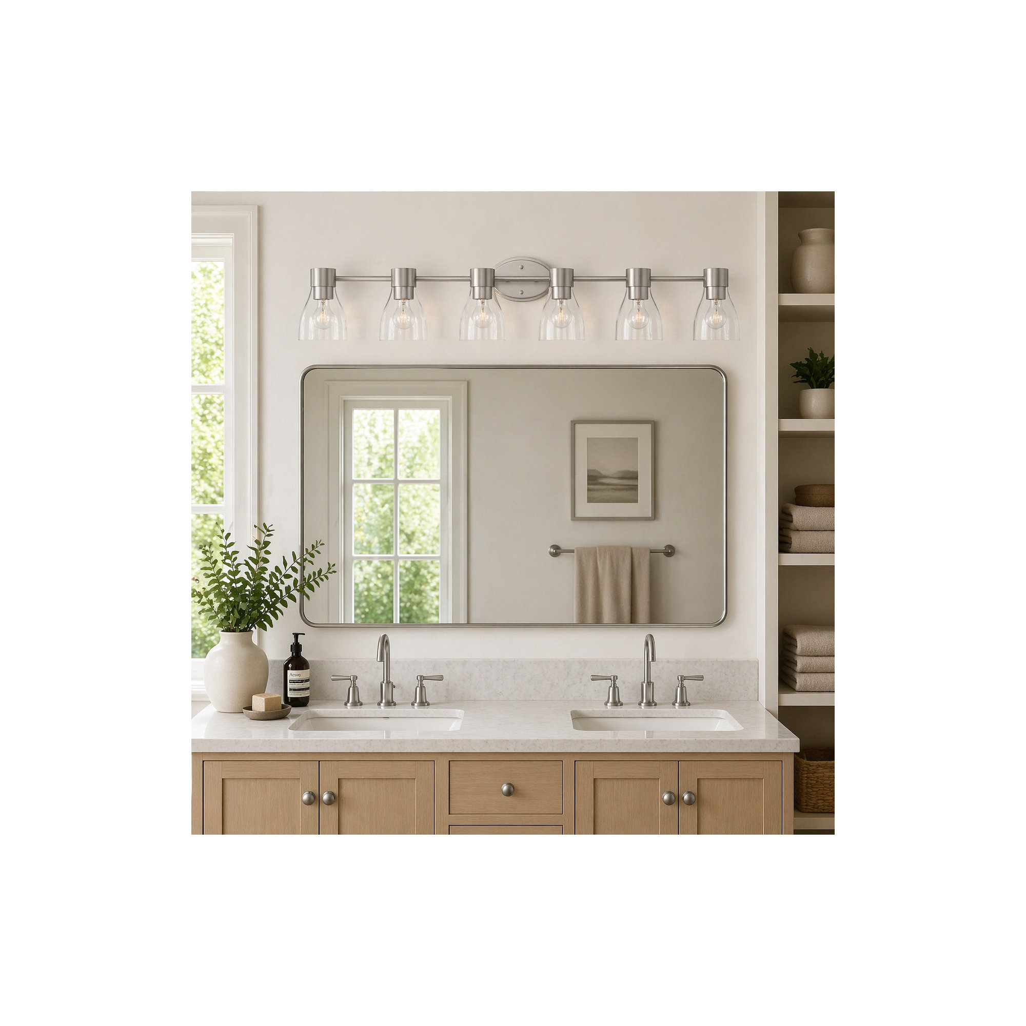 3-Light Brushed Brass Vanity Light with Clear Glass Shades, Brushed Nickel, 6