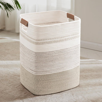 Grand panier à linge avec poignées en cuir - Panier de rangement surdimensionné de 85 L pour couvertures, jouets, serviettes et vêtements sales - Conception en coton tissé durable pour la maison, la salle de bain et l'organisation de la chambre à co