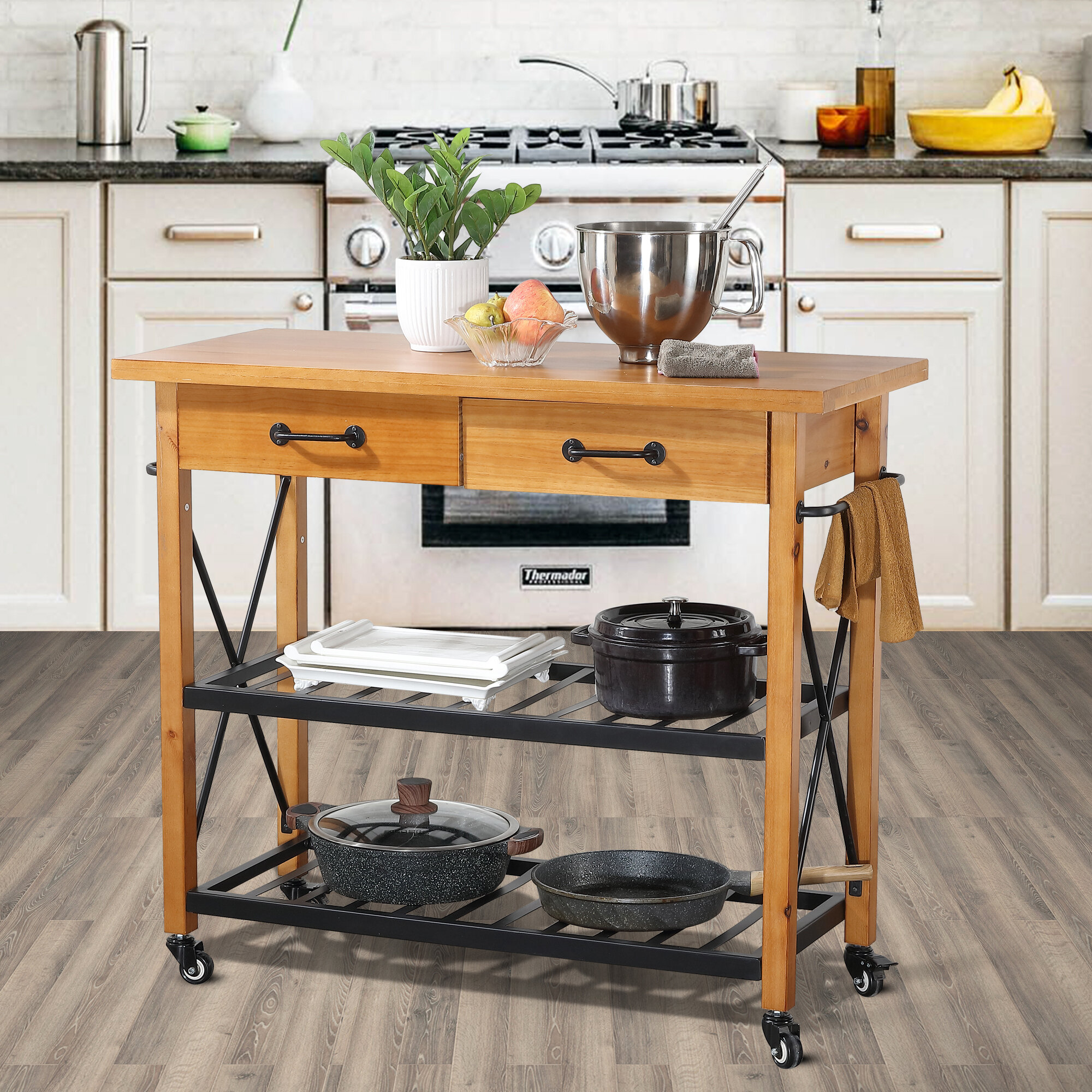 ChooChoo Kitchen Islands on Wheels with Wood Top, Utility Wood Movable  Kitchen Cart with Storage and Drawers, Black