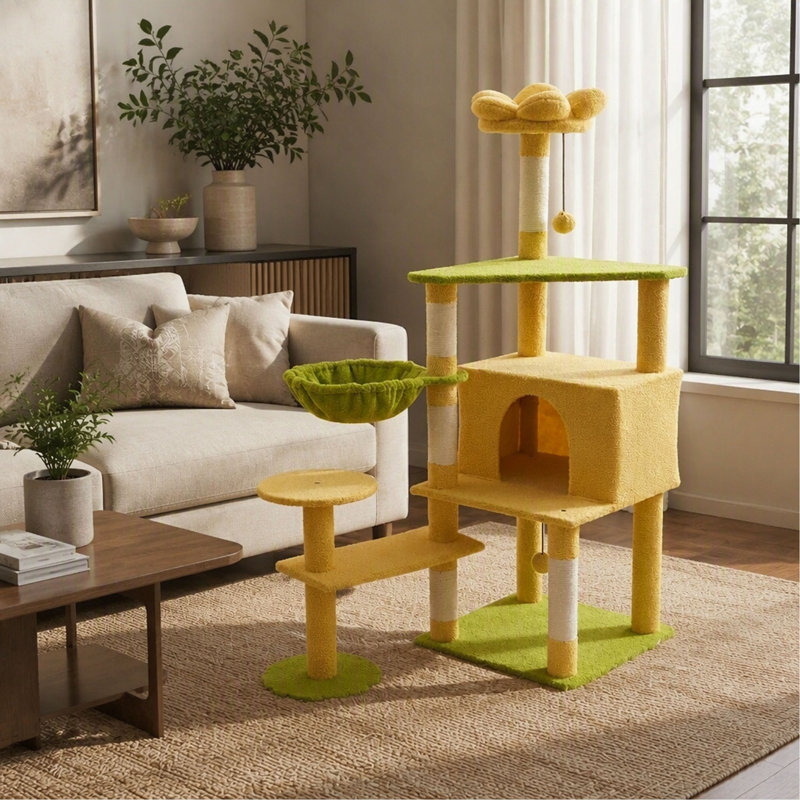 Arbre à chat, motif floral avec grande niche, coussin fleuri amovible et hamac - Jaune, H 19 po x l 56 po x P 19 po, Jaune