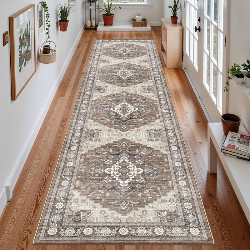 Washable Entryway Runner Rug: Vintage Indoor Non-Slip Ktichen Floor Mat Soft Stain Resistan Carpet for Bedroom Bathroom - Eco-Friendly Design for Families with Kids(Brown)