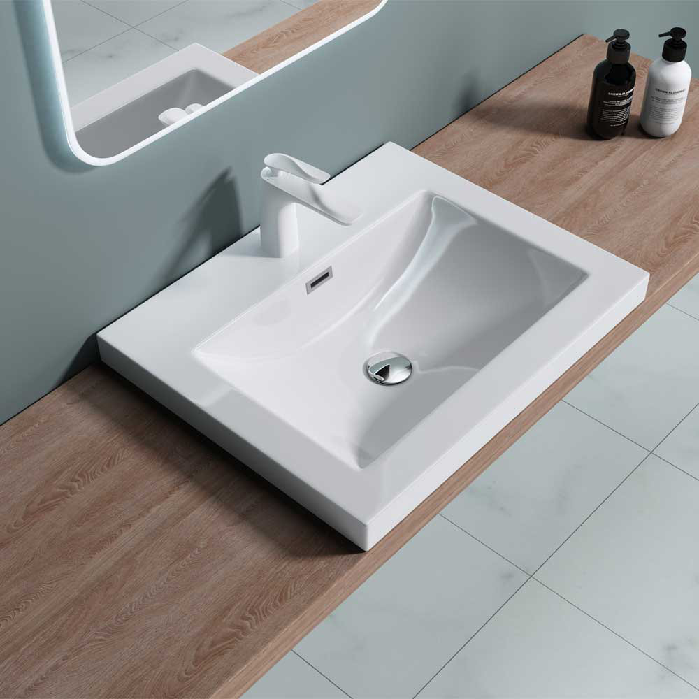 Luxurious Stone Resin Bathroom Basin - Self Rimming Drop In Sink - Semi Recessed - One Tap Hole With Overflow (765 x 480mm)