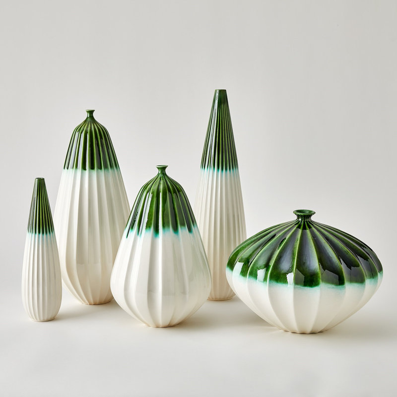 Furrow Handmade Ceramic Table Vase, 15" H x 12" W x 12" D, Deep Green