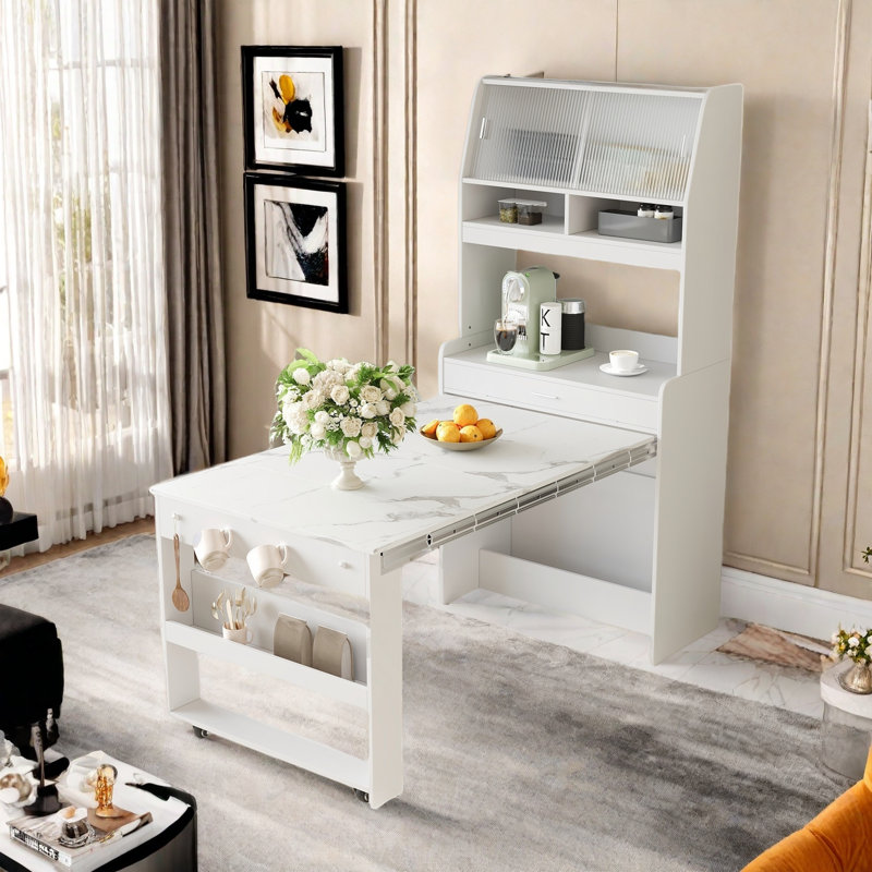 Buffet With Hutch And Foldable Dining Table, Storage Shelves, Side Hooks And A Cabinet With Sliding Doors, White