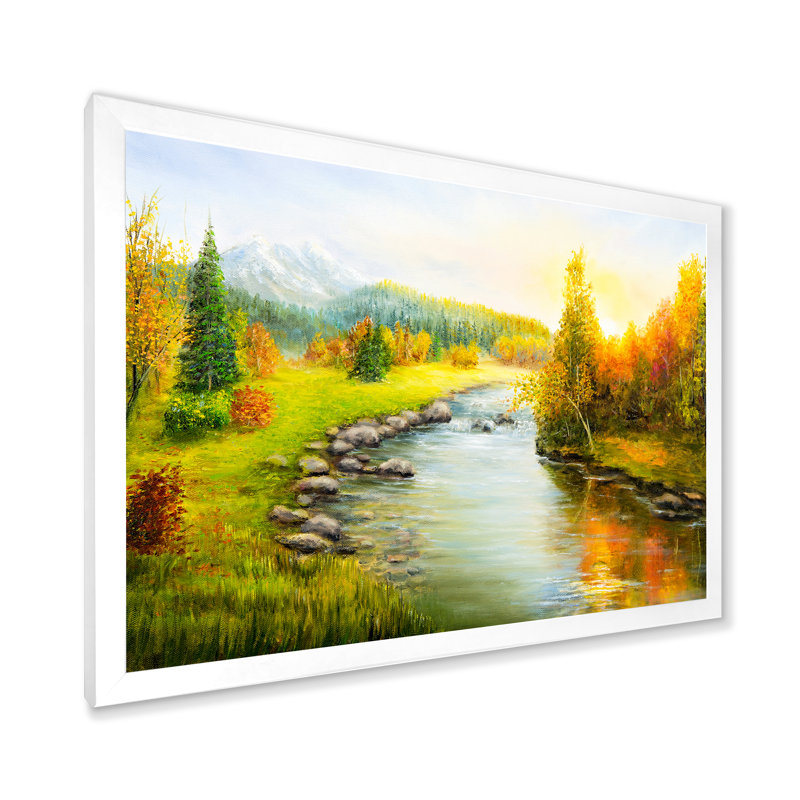 " Autumn Landscape With Forest Mountains And River " Painting Print, White Picture Frame, 12" H x 20" W x 1" D