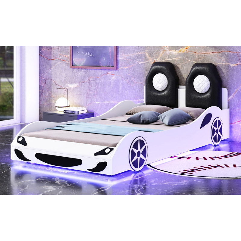 Lit de voiture de course simple avec dossier rembourré à DEL et confortable, bois bleu - Fabrication sécuritaire, conception confortable
