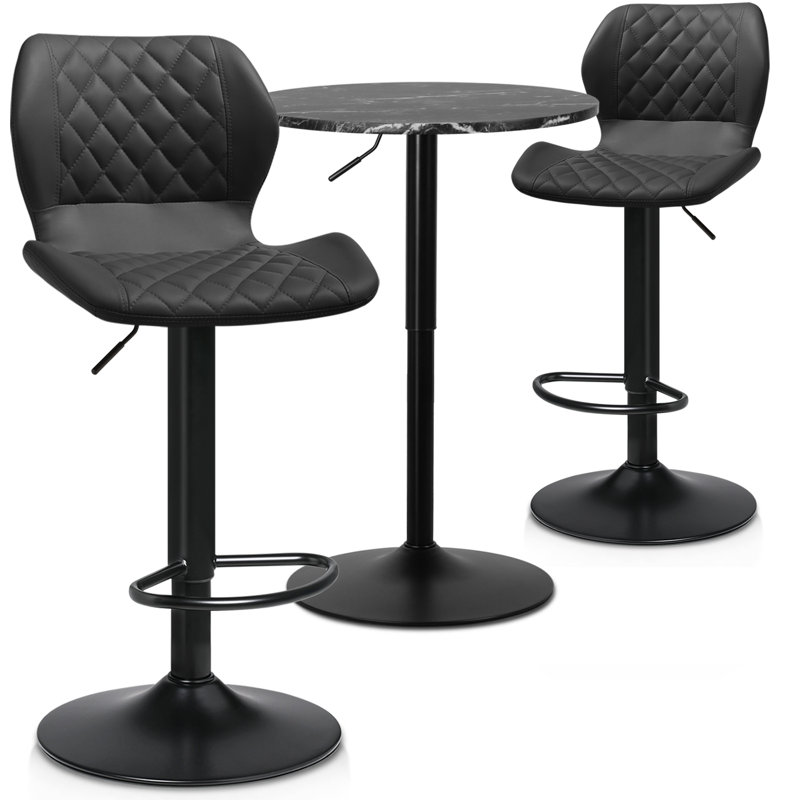 Moaid 3 Piece Height-adjustable Pub Table and Leathered Pedestal Bar Stool Dining Set, Black, Black Rock