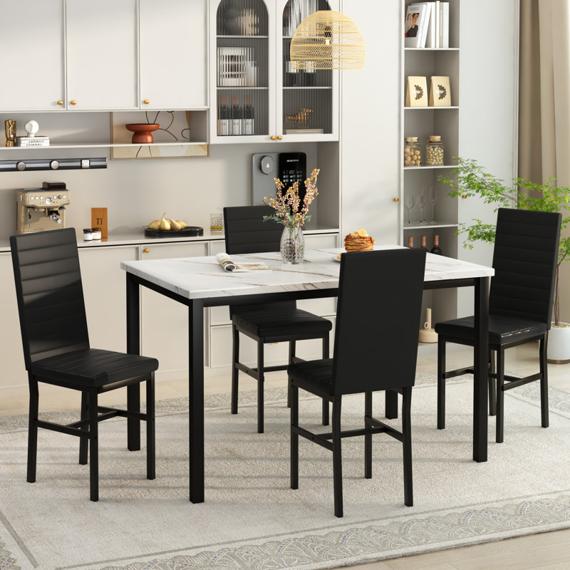 4 - Person Faux Marble Top Four Leg Dining Set, Black, Black