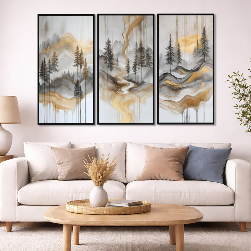 «Gold Forest and Peaks Solitude Horizon - Forest», reproduction sur toile 3 pièces, Cadre flottant noir, H 32 po x l 48 po