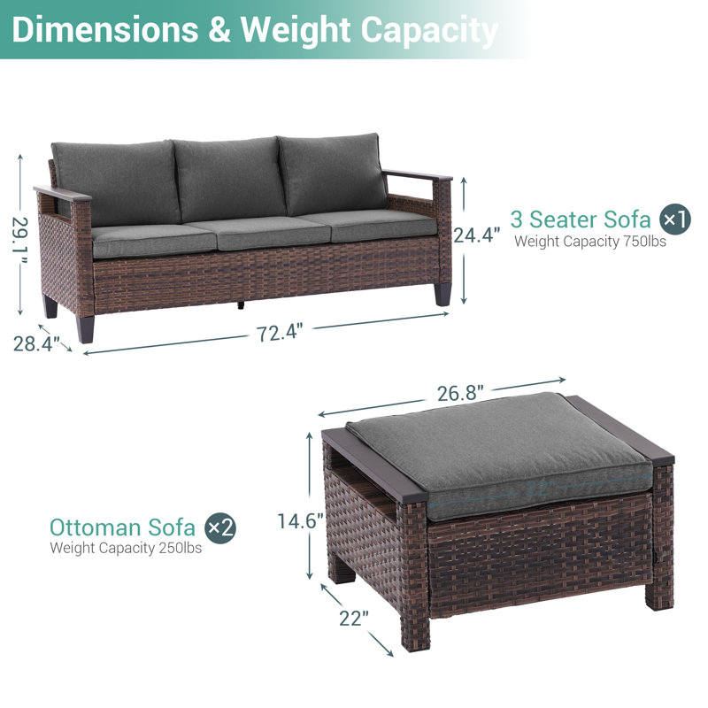 3 Piece Sofa & Ottoman Seating Set for Patio, Black Gray
