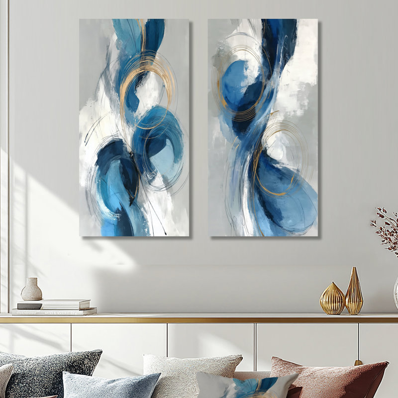 Tourbillon abstrait dans des tons bleus et blancs II - ensemble de 2 reproductions d'art mural en métal, 32" H x 32" W