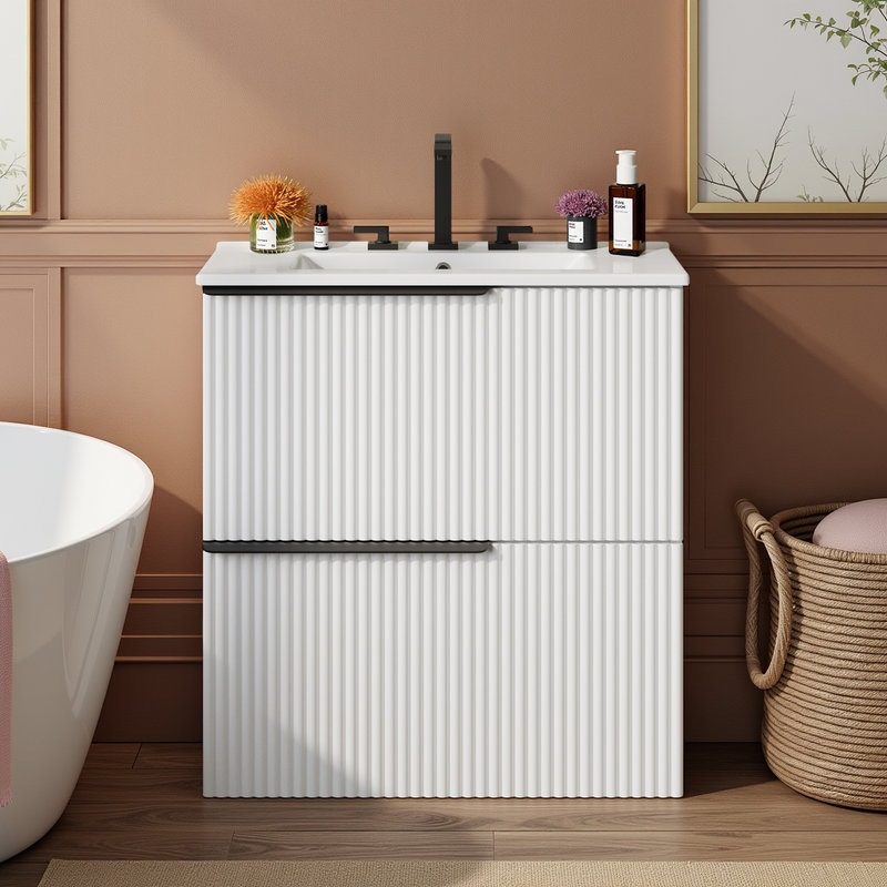 Meuble-lavabo de 30 po avec évier en céramique et rangement à tiroir divisé, Blanc