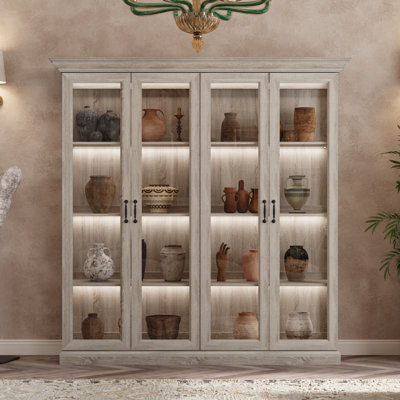 68.5" Wide Tempered Glass Door Display Case Dining Cabinet With LED Light Strip