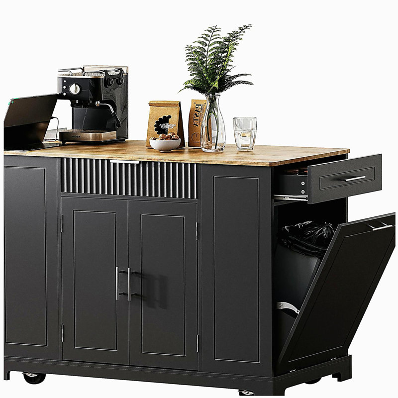 With trash bin storage cabinet, power outlets, internal storage shelves, 5-wheel mobile kitchen island, 3 drawers, 3 open shelves for 10-gallon trash can, black