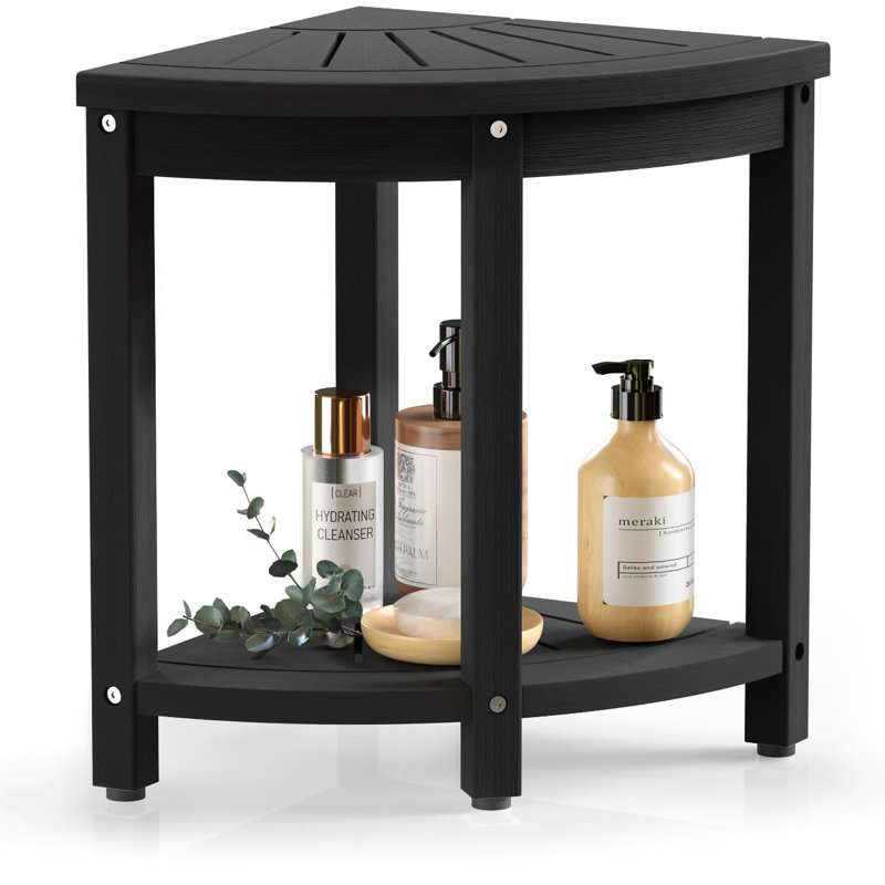 Corner Shower Stool, Poly Lumber Bench With Storage Shelf And Adjustable Non-Slip Feet(Black), Black