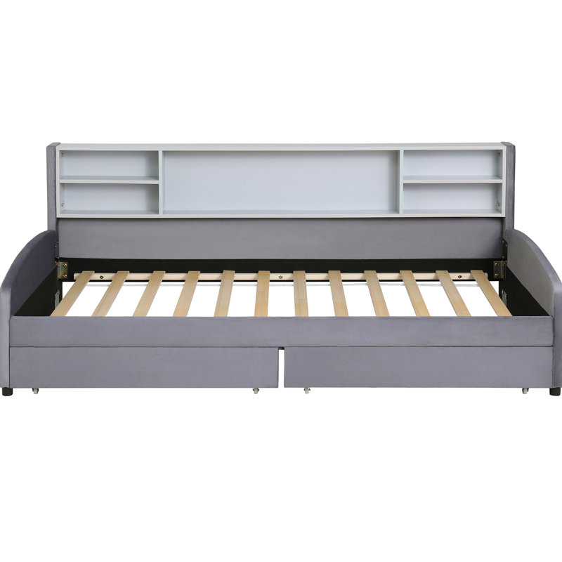 Lit simple tapissier gris avec rangement de tiroir - Velours, espace organisé, plateforme stable, Gris