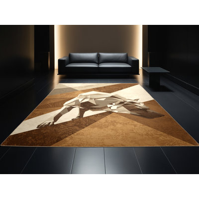 Soft Plush Adriel Hyena Modern Geometric Area Rug in Brown – Beige Binding
