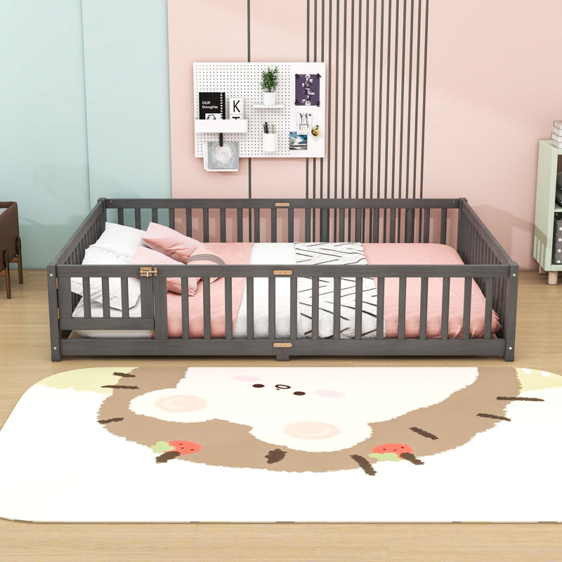 Wood Floor Bed with Door and Safety Rails, Queen