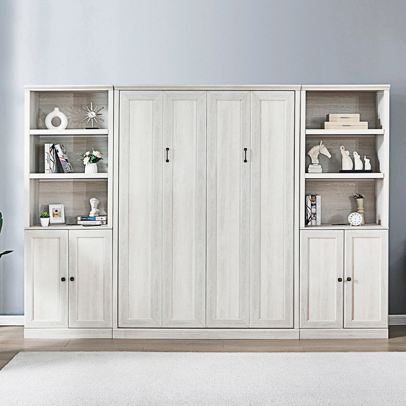 Lit escamotable double pleine grandeur à ouverture et fermeture double avec armoire latérale et tablette de rangement, cadre de lit