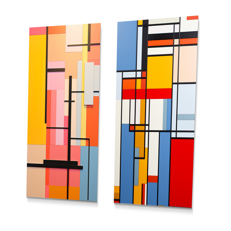 Ensemble de 3 décorations murales géométriques en métal pastel De Stijl, H 32 po x l 32 po