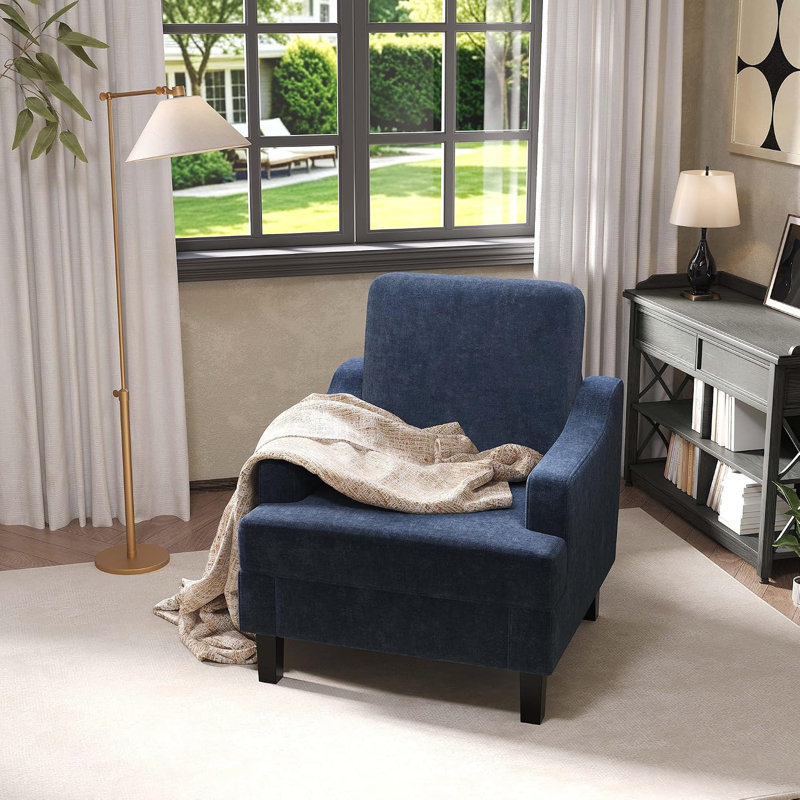 Chaise d'appoint en chenille Mid-Century moderne, fauteuil de lecture confortable, structure en bois robuste et en fer, Blue