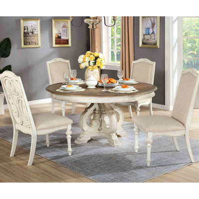 Élégante salle à manger rustique 5 pièces avec table ronde et 4 chaises d'appoint, sièges rembourrés en tissu, finition blanc antique, fabrication en bois massif, base en piédestal, incrustations complexes Détails style A, bois