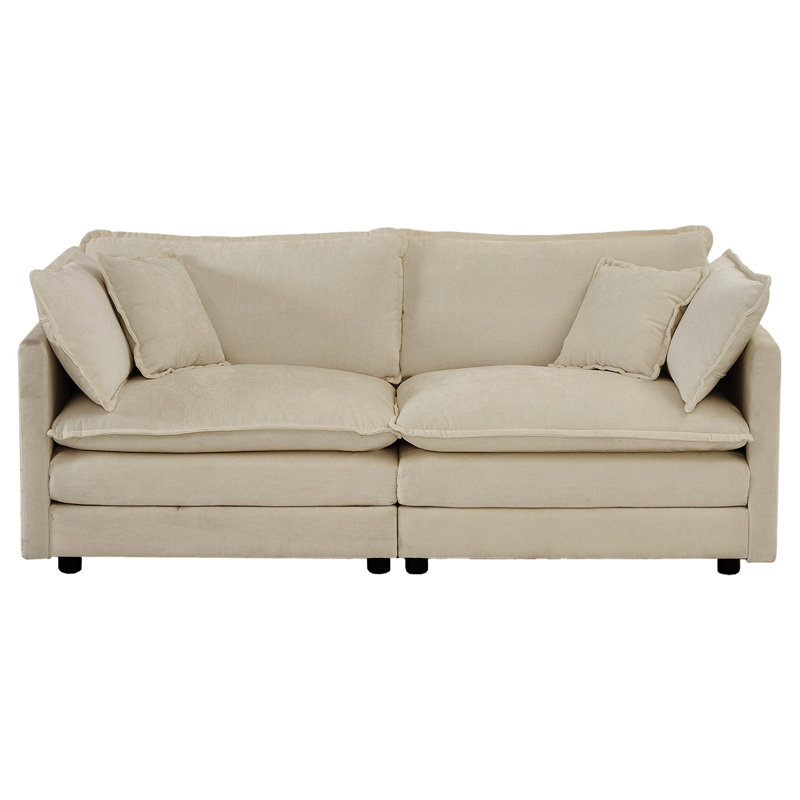 2 canapé en chenille beige: sièges de salon en tissu d'ameublement et en chenille. Structure en bois massif pour plus de stabilité. Rembourrage haute éponge. Revêtement respirant. Dispositions personnalisables. Assemblage facile