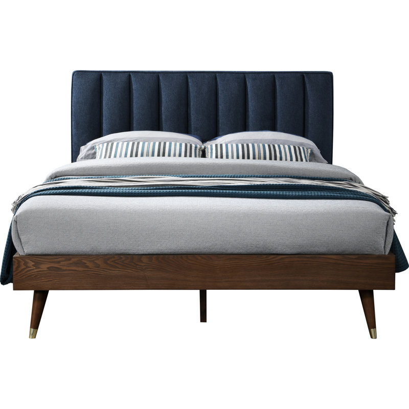 Lit plateforme tapissier Scholz, Grand lit, Tissu texturé en lin bleu marine