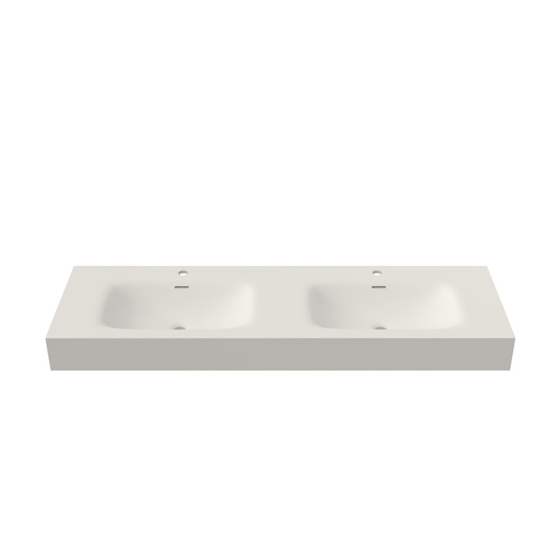 59 X 18 In. Solid Surface Wall Mount Bathroom Double Vessel Sink With Faucet Holes In Matte White, 59"