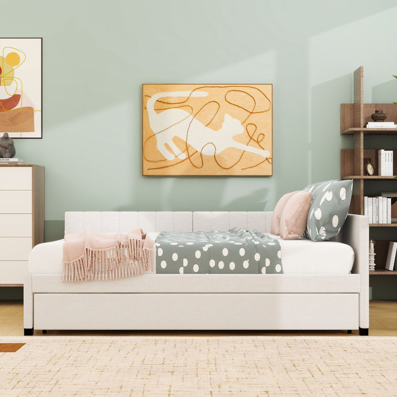 Linen Upholstered Daybed with Twin Trundle, Beige, Full/Double
