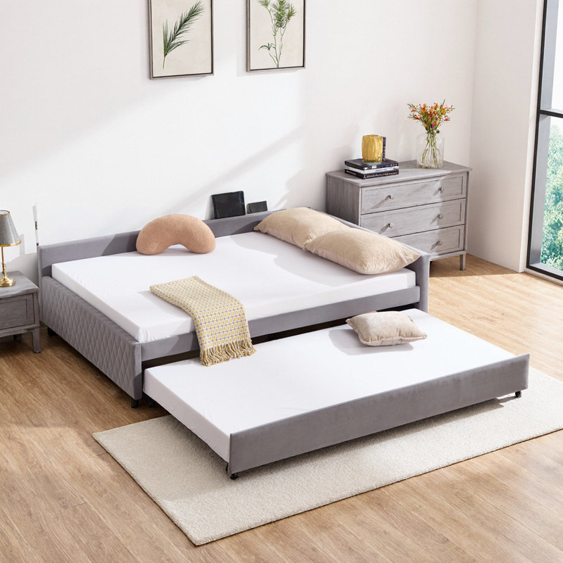 Velvet Upholstered Daybed with Trundle - Modern Diamond Tufted Full Size L-Shaped Sofa Bed for Bedroom & Guest Room, Gray