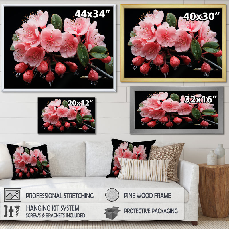 Cascade de fleurs roses suspendues - Fuschia, H 34 po x l 44 po x P 1,5 po, Cadre d'angle fermé noir