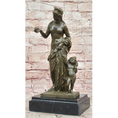 Nude Venus Goddess of Beauty w/ Cupid - Bronze Statue on Marble Base