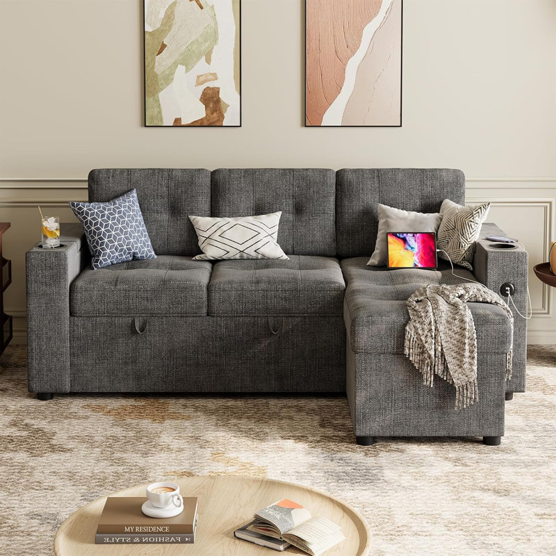 Sofa Bed- 2 in 1 Pull Out Couch Bed with Storage Space and Arms,Sleeper Sofa with Pull Out Bed,L-Shaped Sofa Couch Bed,1 USB-A, 1 Type-C,Linen Sectional Sofa for Living Room