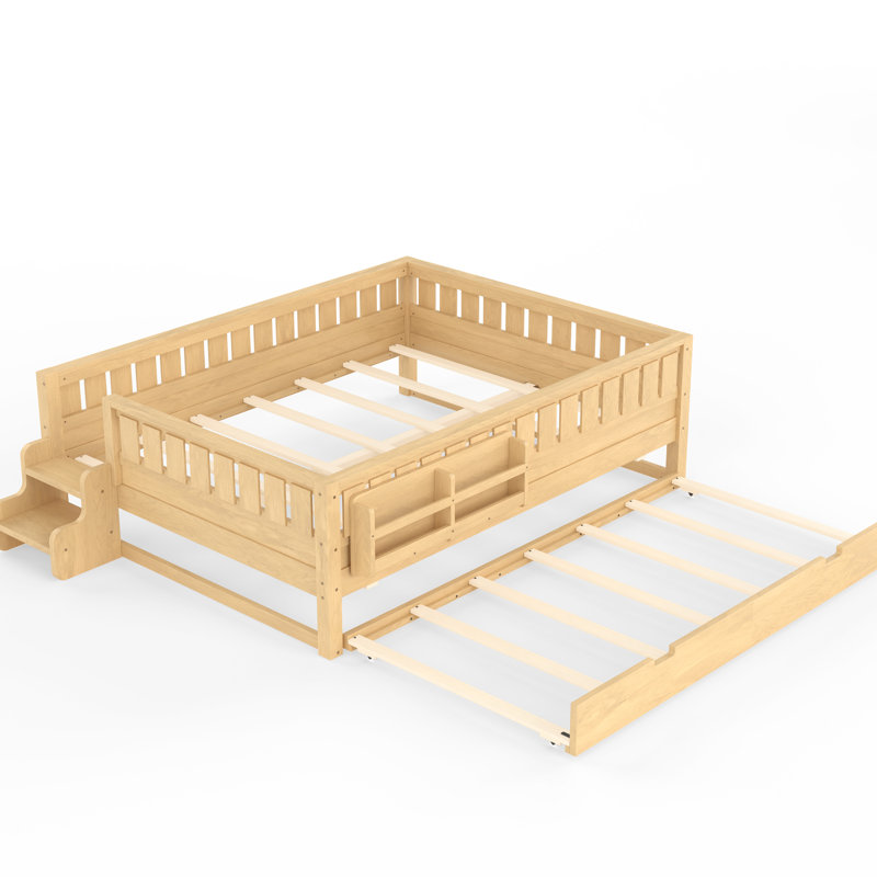 Lit grand naturel avec lit gigogne et bibliothèque de chevet, arrondi, design, installation facile pour les invités, sur escalier, fabrication en bois de pin, assemblage facile