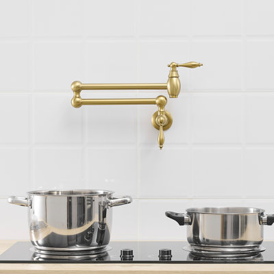 Wall Mount Commercial Pot Filler Faucet In Brushed Gold, Brass Folding Kitchen With 360 Rotation Double Joint Swing Arms, Cold Or Hot Water Function Gold Mounted Faucet, Stretchable One Hole Inlet,