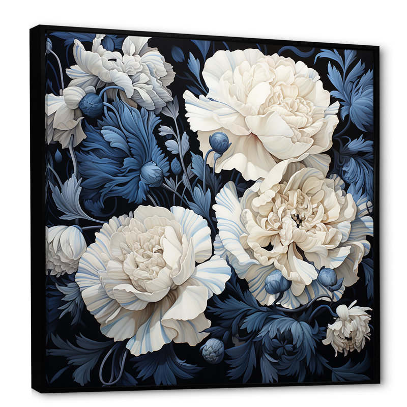 Arrangement d'œillets blanc et bleu IV sur toile, Cadre flottant noir, 24" H x 24" W