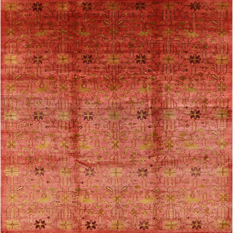 Tapis rouge à motif floral, Carré 7 pi