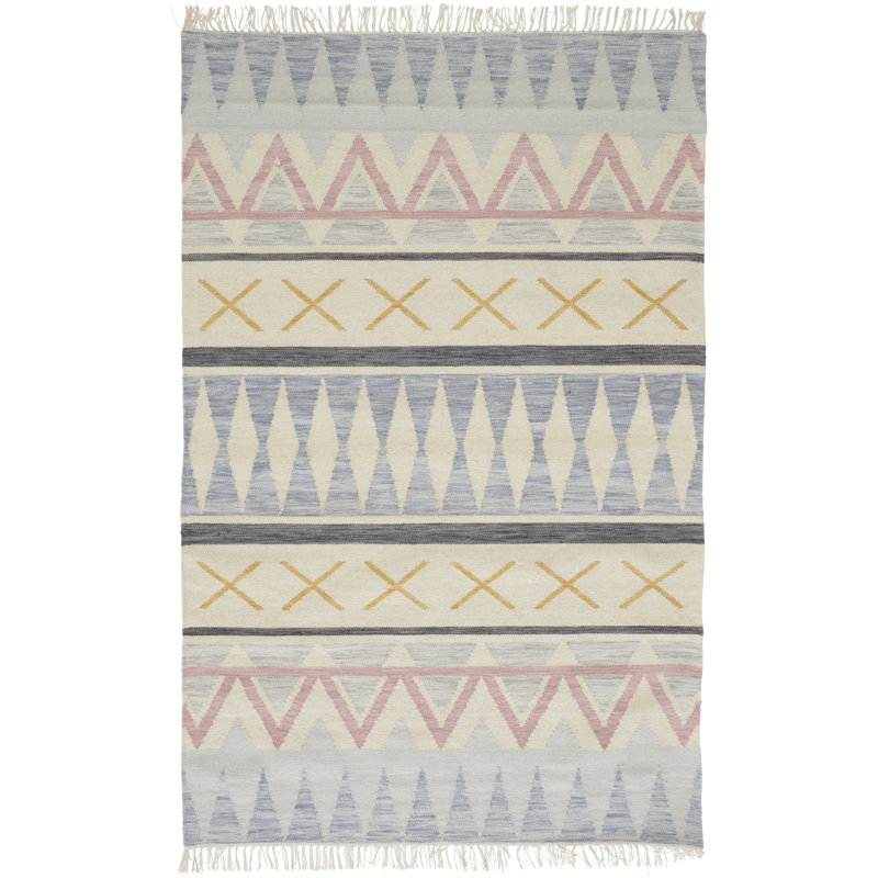Tapis géométrique en laine / coton tissé à plat à la main bleu / rouge / moutarde, Rectangle 8 pi x 10 pi