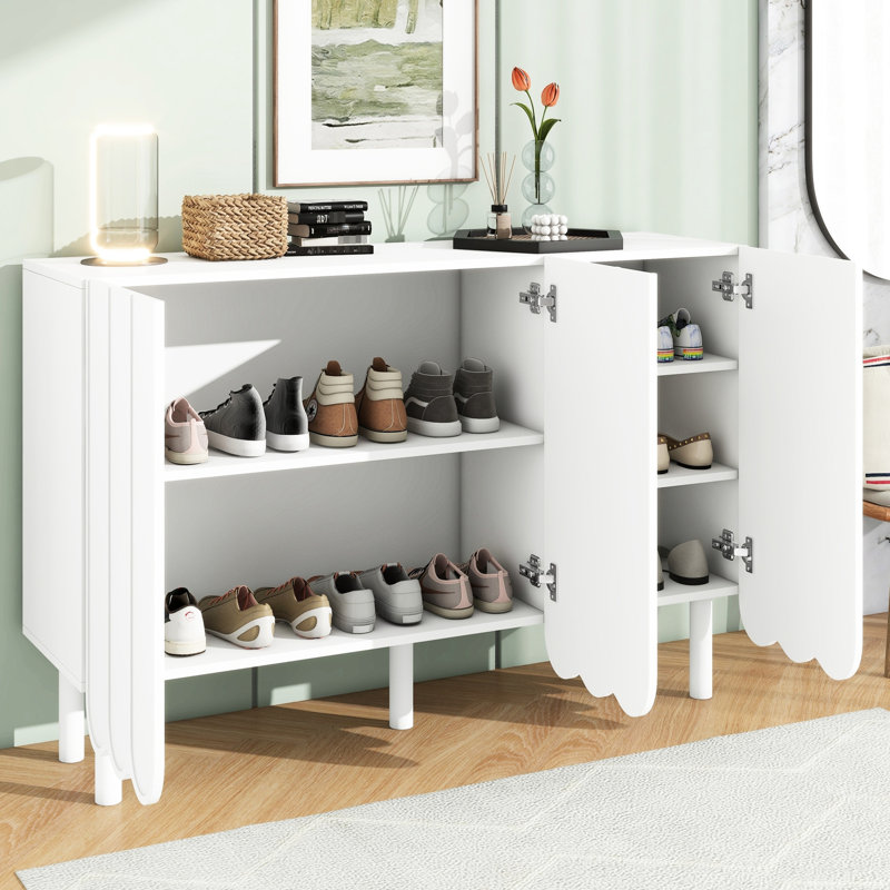 Étagère à chaussures blanche polyvalente avec tablettes réglables et pieds extérieurs solides