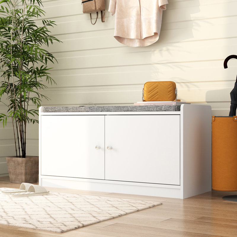 18.1'' H X 35.8'' W Upholstered Shoe Storage Bench, White/Gray