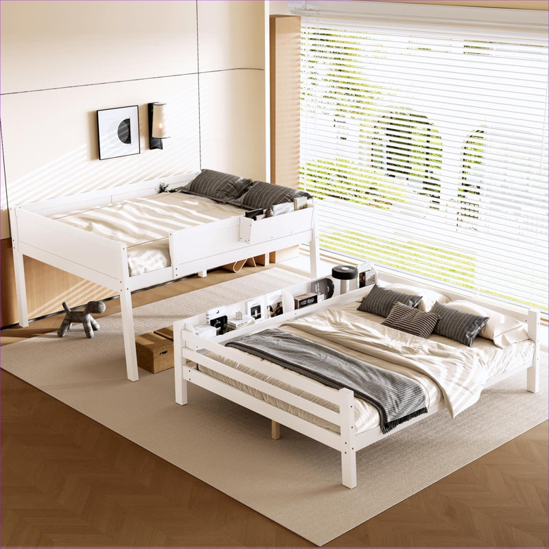 Grand lit superposé détachable axé sur le rangement, cadre de lit en bois pour chambre avec tablettes de rangement intégrées et garde-corps de sécurité, finition blanche