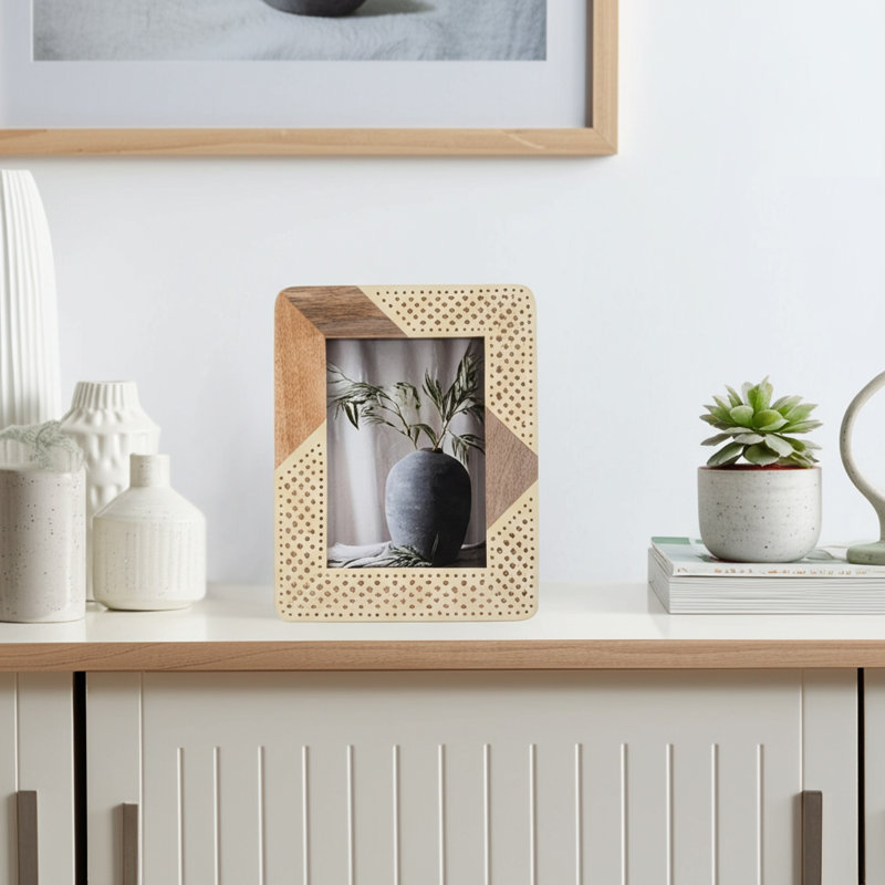 Woven Photo Frame - Contemporary Ivory and Natural Brown Wood and Resin Decorative Picture Frame for Home or Office Photo Display - Photo Gift Idea.