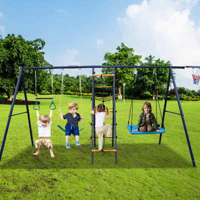 6-In-1 Backyard Swing Set With Climbing Ladder, Net, Trapeze, Hammock, Belt Swing, And Basketball Hoop For Kids