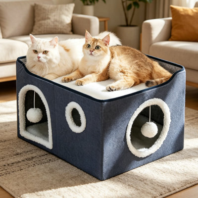 Lit pour chat pliable bleu extra large, multi-chat convenant aux portes à compartiments pour chat, lit d'intérieur pour chat avec boule suspendue et poteau à griffes.