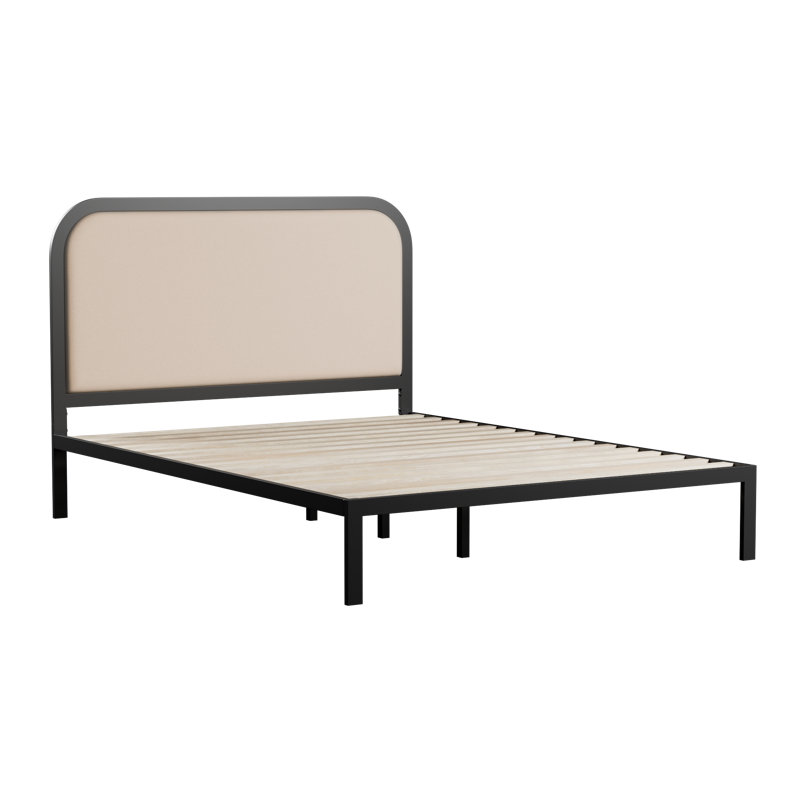 Black Metal Bed Frame with Rounded Upholstered Headboard