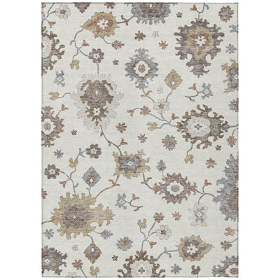 3' X 5' Ivory Gray And Taupe Floral Washable Indoor Outdoor Area Rug