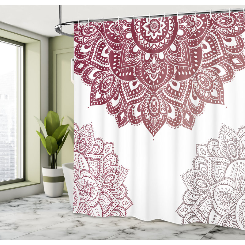 Maroon and White Ornamental Floral Fabric Shower Curtain