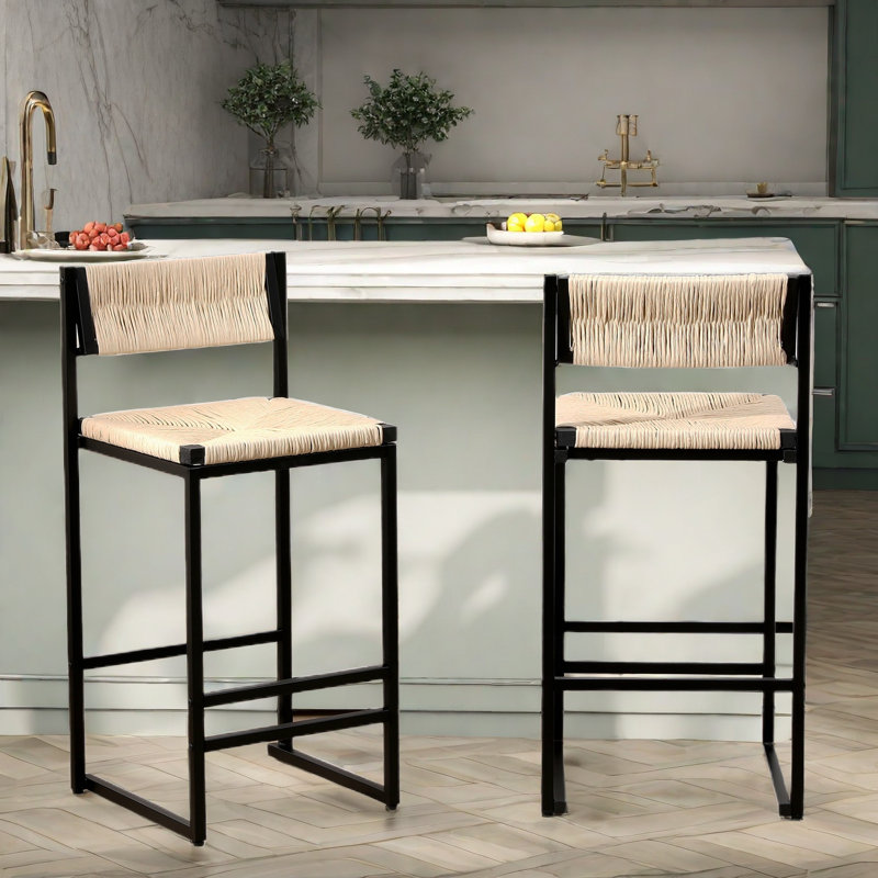 Bar Stools Set Of 2 Paper Rope Weave Dining Chairs And Metal Frame, Creamy White