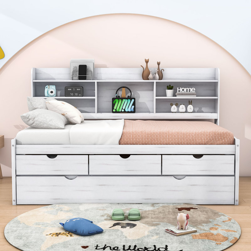 Twin Wood Captain Bed with Trundle, 3 Drawers and Built-in Shelves, White Wash
